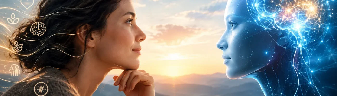 Eine Frau blickt nachdenklich in den Sonnenaufgang, ihr gegenüber ein leuchtender, digital vernetzter Kopf, KI-generiertes Bild