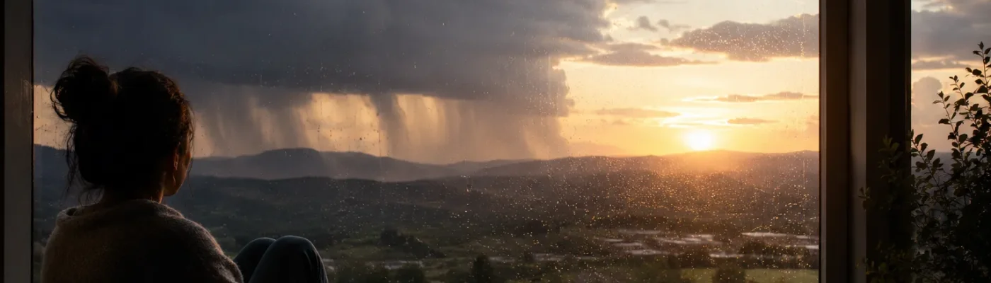 Ein Mensch sitzt ruhig am Fenster, im Hintergrund zieht ein Gewitter ab und die ersten hellen Wolken kommen durch