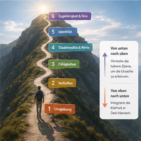 Ein Wanderer folgt einem Bergpfad, an dem die sechs logischen Ebenen als Wegweiser stehen. Von unten nach oben verstehen, von oben nach unten integrieren