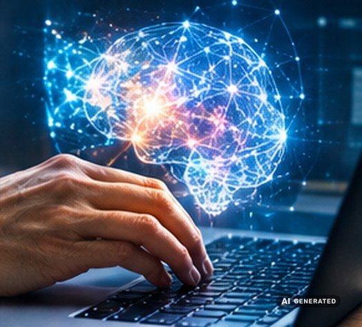 KI ist ein Werkzeug, die Richtung gibst Du vor Hände tippen auf einer Laptoptastatur, darüber schwebt ein leuchtendes, vernetztes Gehirn, KI-generiertes Bild