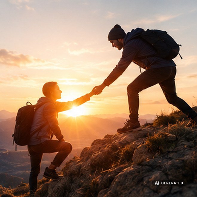 Laterale Führung lebt von dem, was zwischen Menschen entsteht Ein Mensch reicht einem anderen auf einem Berggrat die Hand und hilft ihm nach oben, KI-generiertes Bild