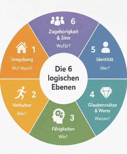 Die sechs logischen Ebenen als Kreis angeordnet, jede mit Symbol und Leitfrage: Umgebung, Verhalten, Fähigkeiten, Glaubenssätze und Werte, Identität, Zugehörigkeit und Sinn