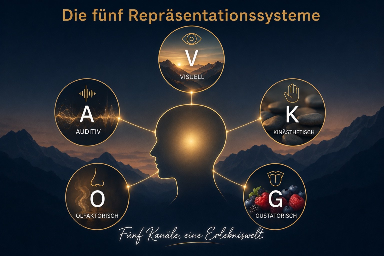 Fünf Kanäle, eine Erlebniswelt Die fünf Repräsentationssysteme als Medaillons rund um einen Kopf im Profil, visuell, auditiv, kinästhetisch, olfaktorisch und gustatorisch