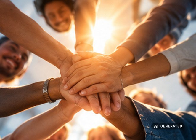 Menschen wollen nicht informiert, sondern verstanden werden Mehrere Menschen legen im Kreis ihre Hände übereinander, dahinter die tiefstehende Sonne, KI-generiertes Bild