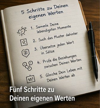 Fünf Schritte zu Deinen eigenen Werten Notizbuch mit fünf handschriftlichen Schritten zu den eigenen Werten