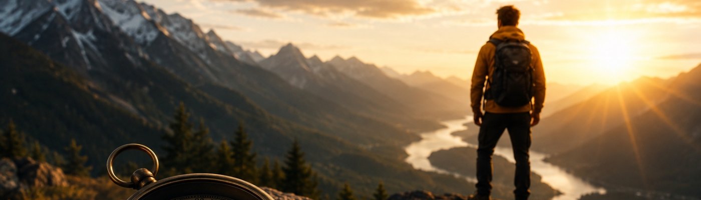 Der Wertekreislauf aus Freiheit, Abenteuer und Erfolg mit Weiterentwicklung im Zentrum, dargestellt vor einer Berglandschaft