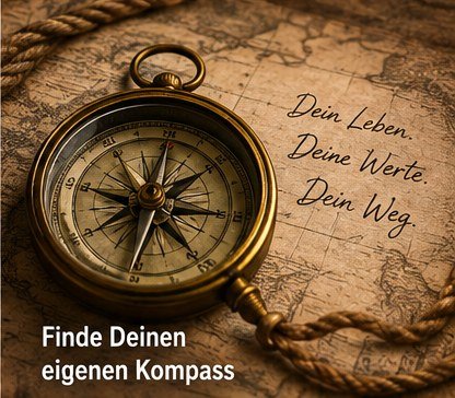 Dein Leben. Deine Werte. Dein Weg. Alter Kompass auf einer Landkarte mit den Worten „Dein Leben. Deine Werte. Dein Weg."